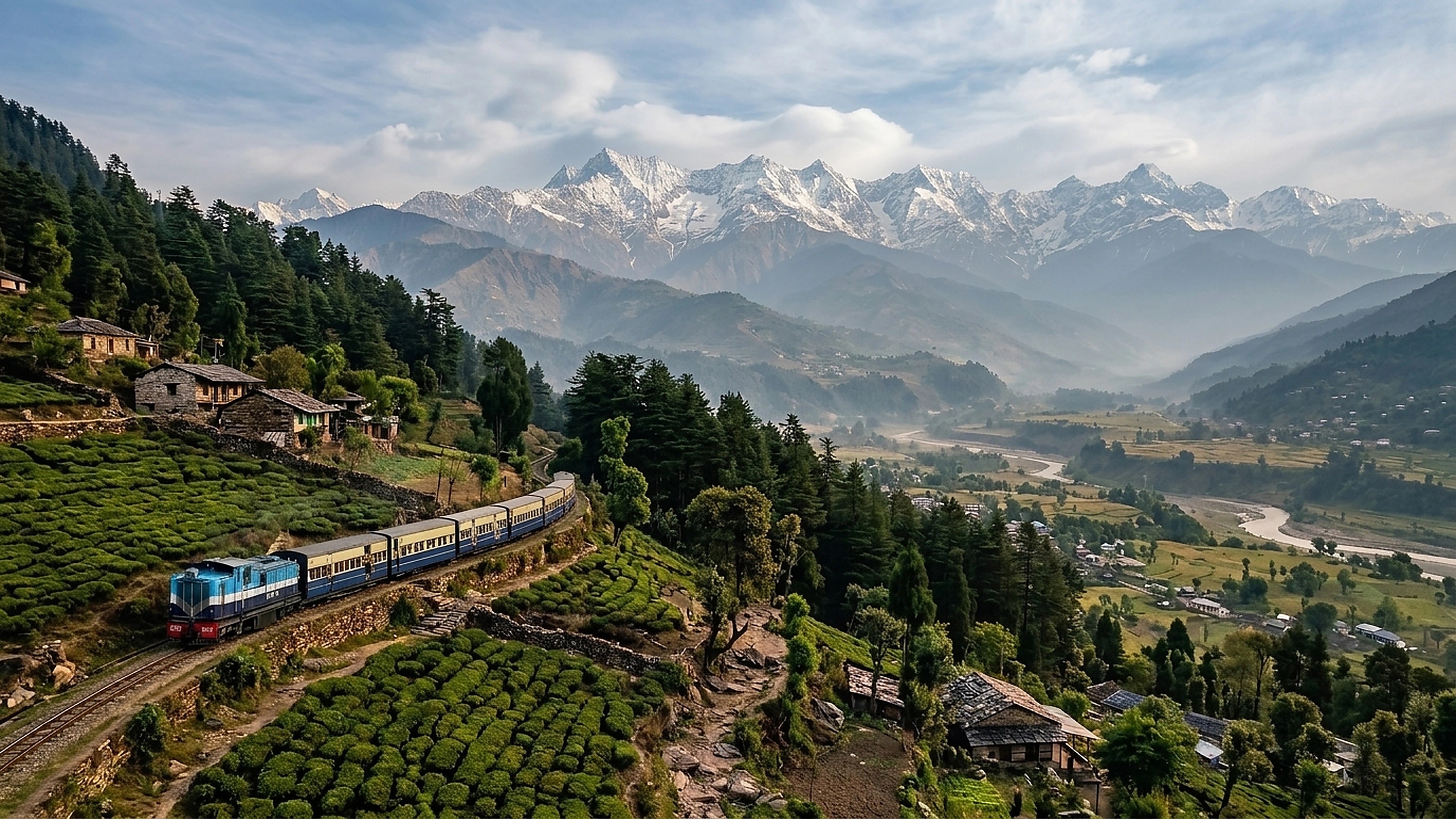 The Kangra valley in Himachal Pradesh: a narrow-gauge train winds past terraced gardens and deodar forest below the snow-capped Dhauladhar range